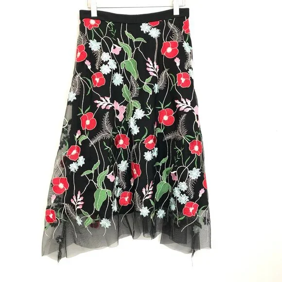 Anthropologie Eva Franco Embroidered Floral Mesh Black Midi Skirt NWT - Picture 2 of 3
